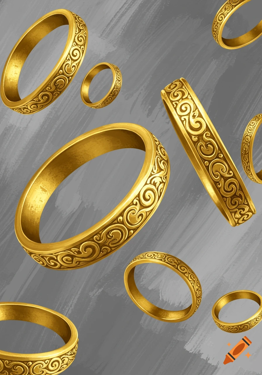 Multiple ornate golden rings with swirled patterns float against a textured gray brushstroke background.