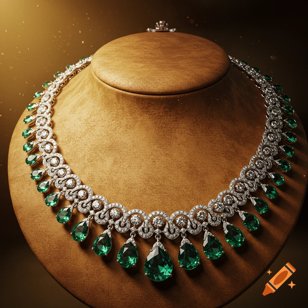 An ornate silver necklace adorned with emerald-like green teardrop gemstones and small diamonds, displayed on a tan jewelry bust.