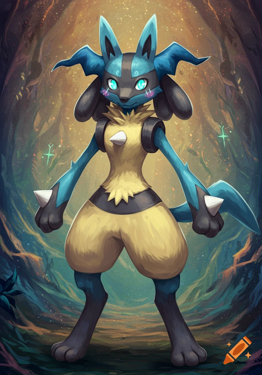A digital painting of Lucamime, a blue, black, and yellow Pokemon fusion with glowing cyan eyes, standing in a magical forest.