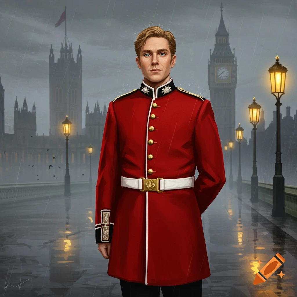A man in a red military-style coat stands on a wet street with reflections, Houses of Parliament and Big Ben in rainy London.