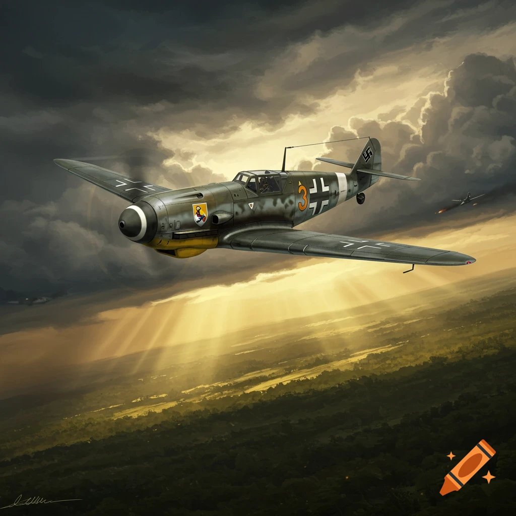 A dramatic artistic rendering of a German Messerschmitt Bf 109 fighter plane flying over a forested landscape at sunset.
