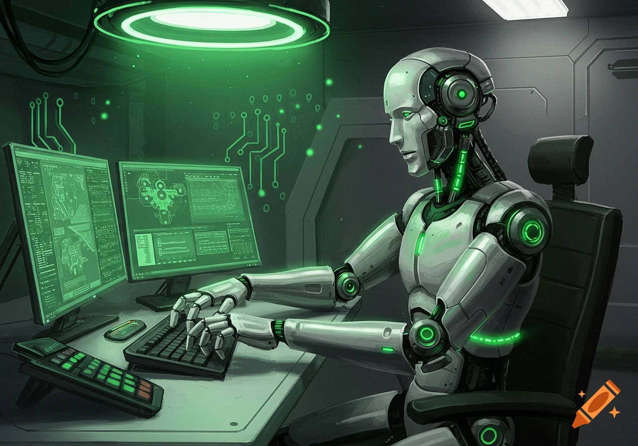 A silver and green robot sits at a desk, typing on a keyboard with two green-lit computer screens showing data in a futuristic room.