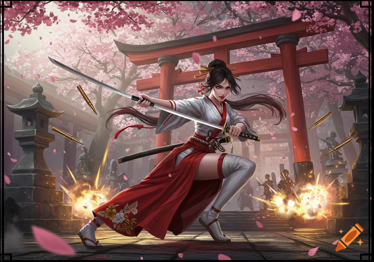 A female miko warrior deflects bullets with dual katanas in a dynamic digital painting set at a cherry blossom Japanese temple.