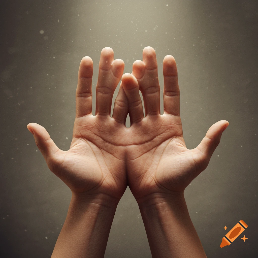 Two hyperrealistic human hands with six fingers each, palms facing forward, joined at the thumbs against a muted, dusty background.