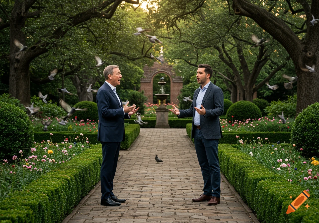 Two men in suits debate in a lush public garden with a stone path, fountain, and birds flying around them.