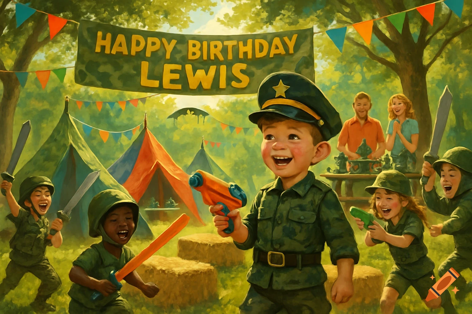 Kids in military costumes play with toy swords and water guns at an outdoor birthday party for Lewis, with a banner and tents.