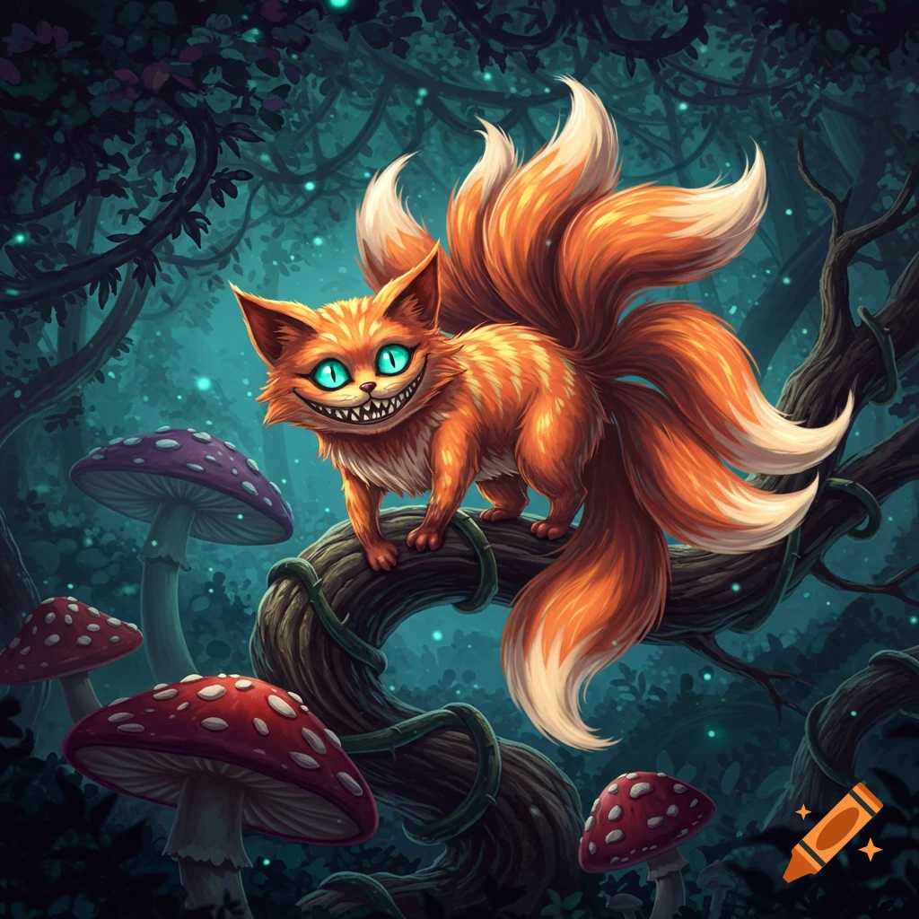 A whimsical illustration of a multi-tailed orange cat with glowing blue eyes and a wide grin, perched on a branch in a dark fantasy forest with red and purple mushrooms.