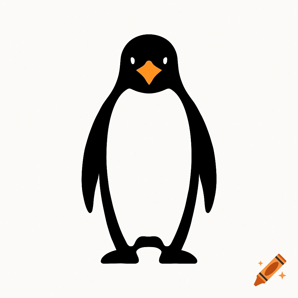 A minimalist black and white penguin logo with an orange beak, viewed from the front on a white background.