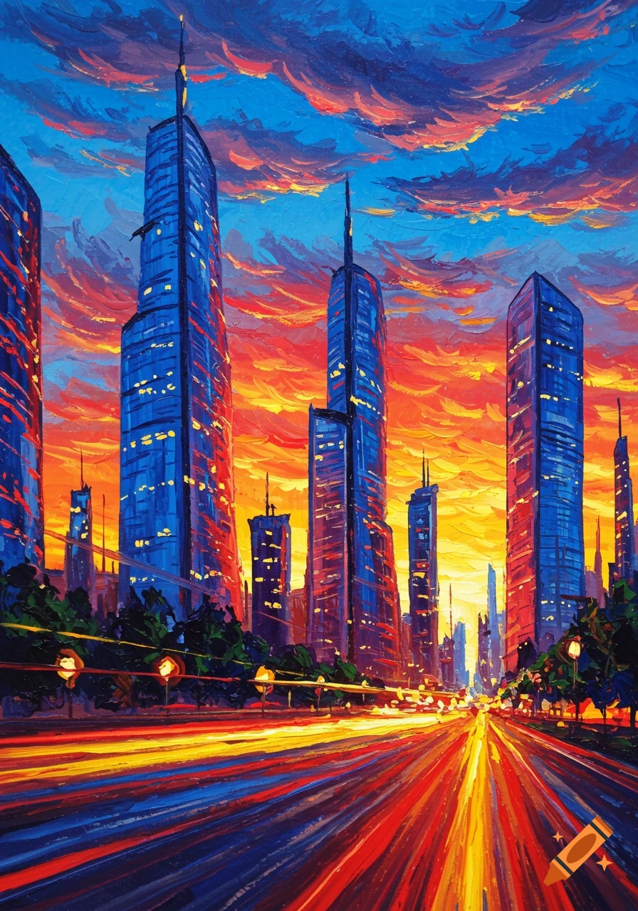Vibrant expressionistic painting of a modern city skyline at sunset with light trails on a busy street.