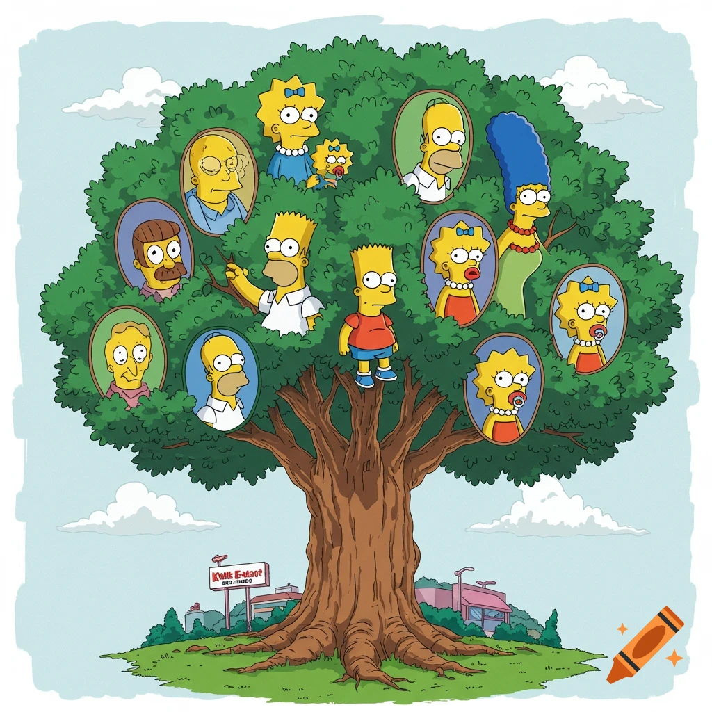 Cartoon image of The Simpsons family tree with characters' portraits in the leaves and Bart Simpson on a branch.