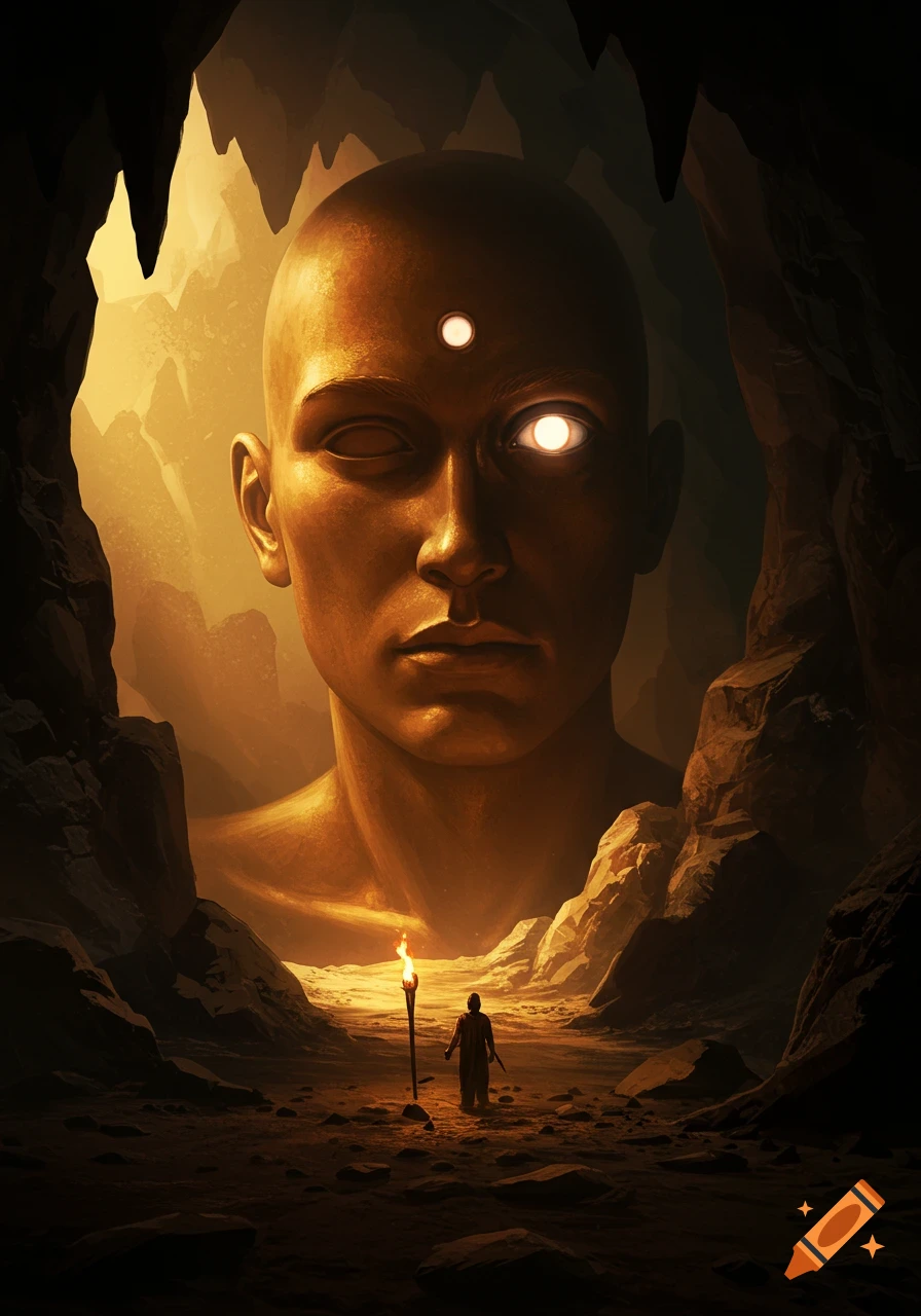 A small figure with a torch stands before a giant, bald, bronze-skinned entity with a single glowing eye inside a dark, rocky cave with warm amber light.