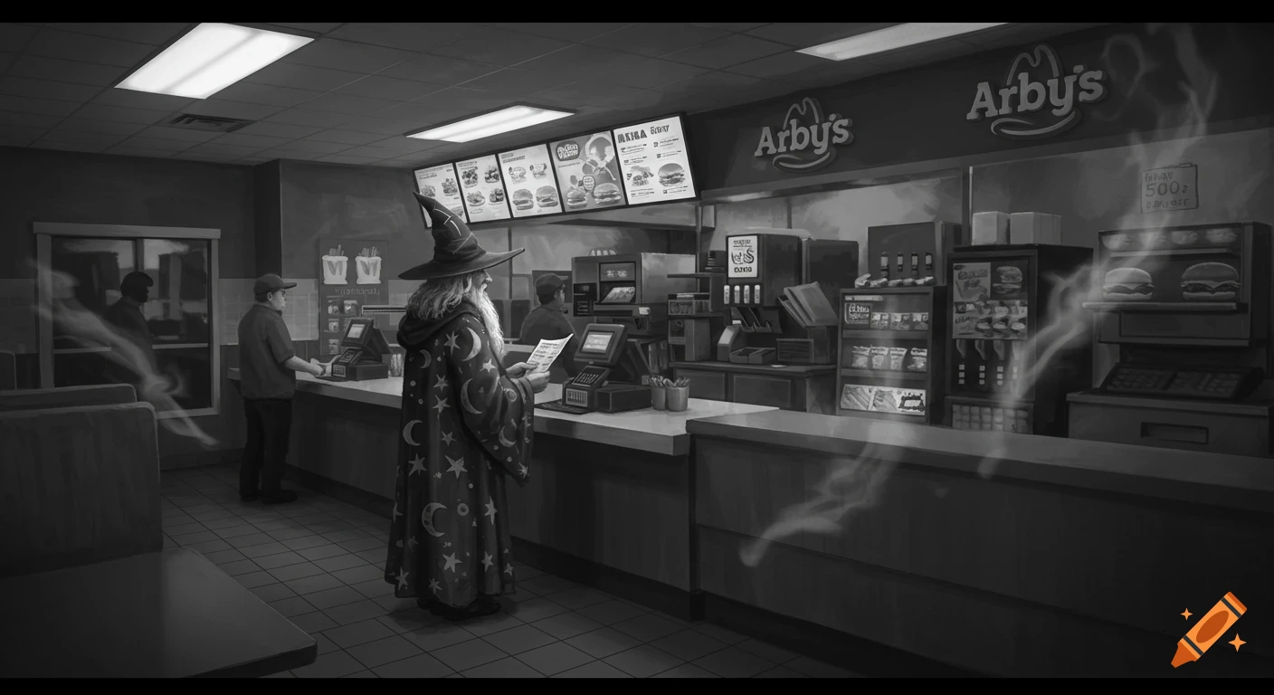 A grayscale image from security footage shows a wizard in a star-and-moon robe looking at a menu at the counter of an Arby's fast-food restaurant.