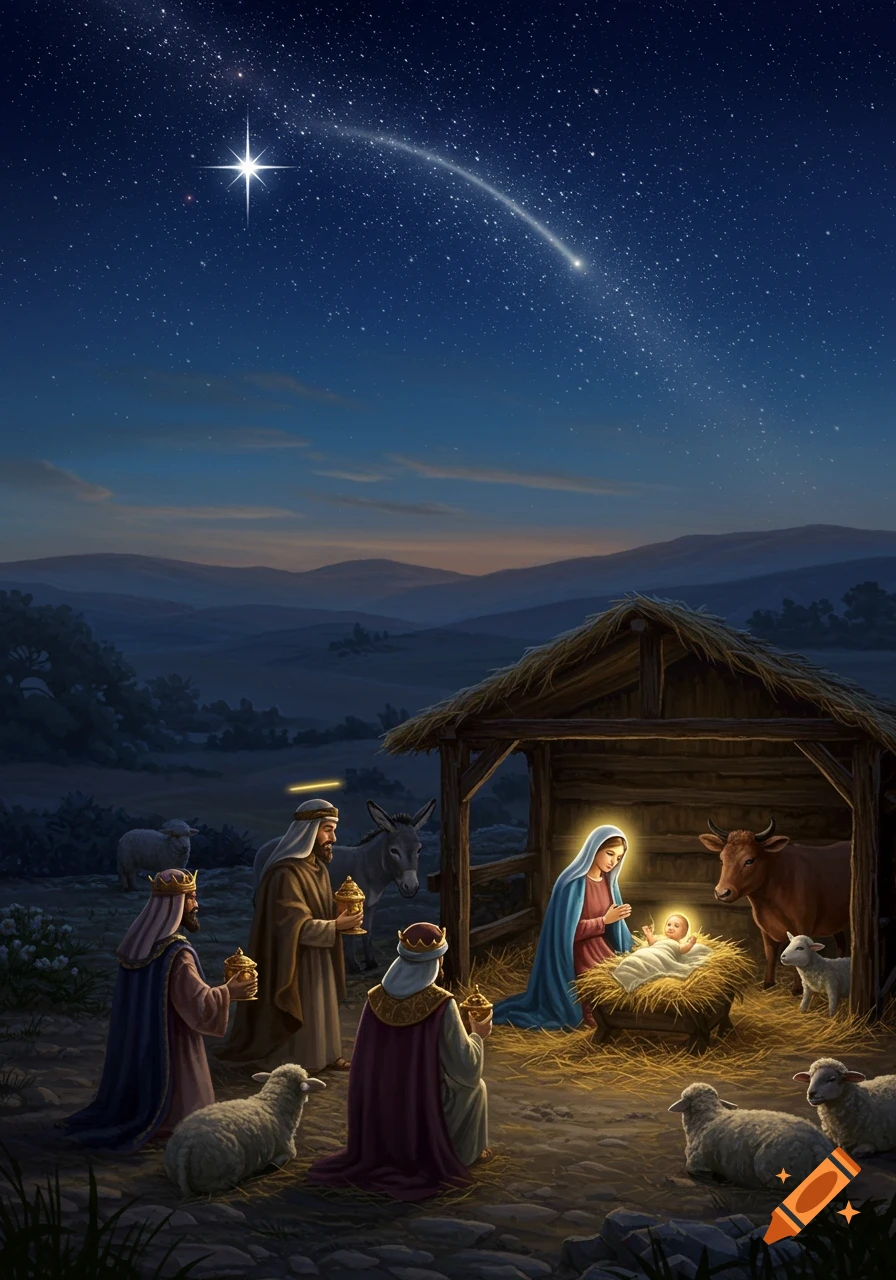 A vibrant illustration of the Nativity scene with Mary, Joseph, baby Jesus, three wise men, and animals under a star-filled night.