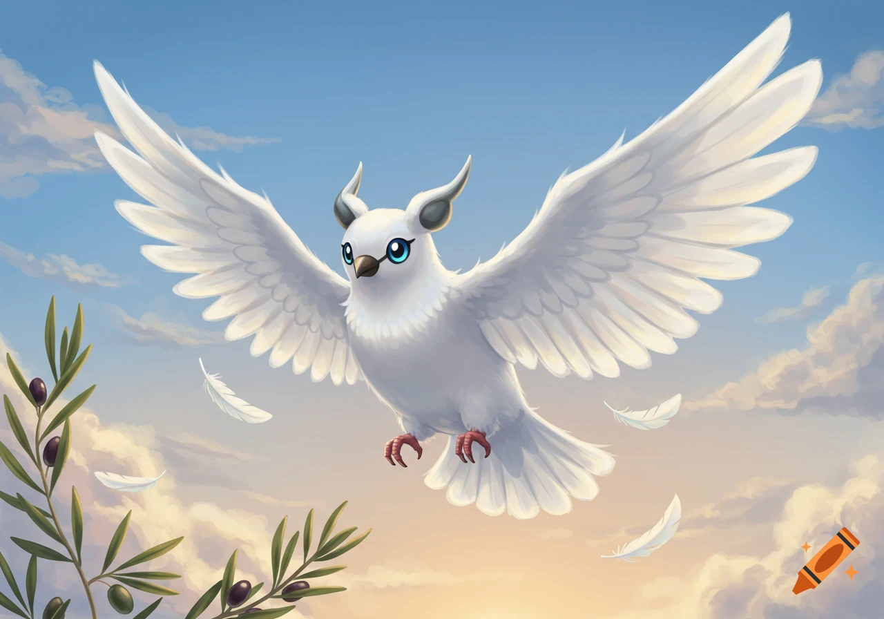 A white, cartoon-style bird with horns and blue eyes, flying with outstretched wings past an olive branch against a blue and orange sky with clouds.
