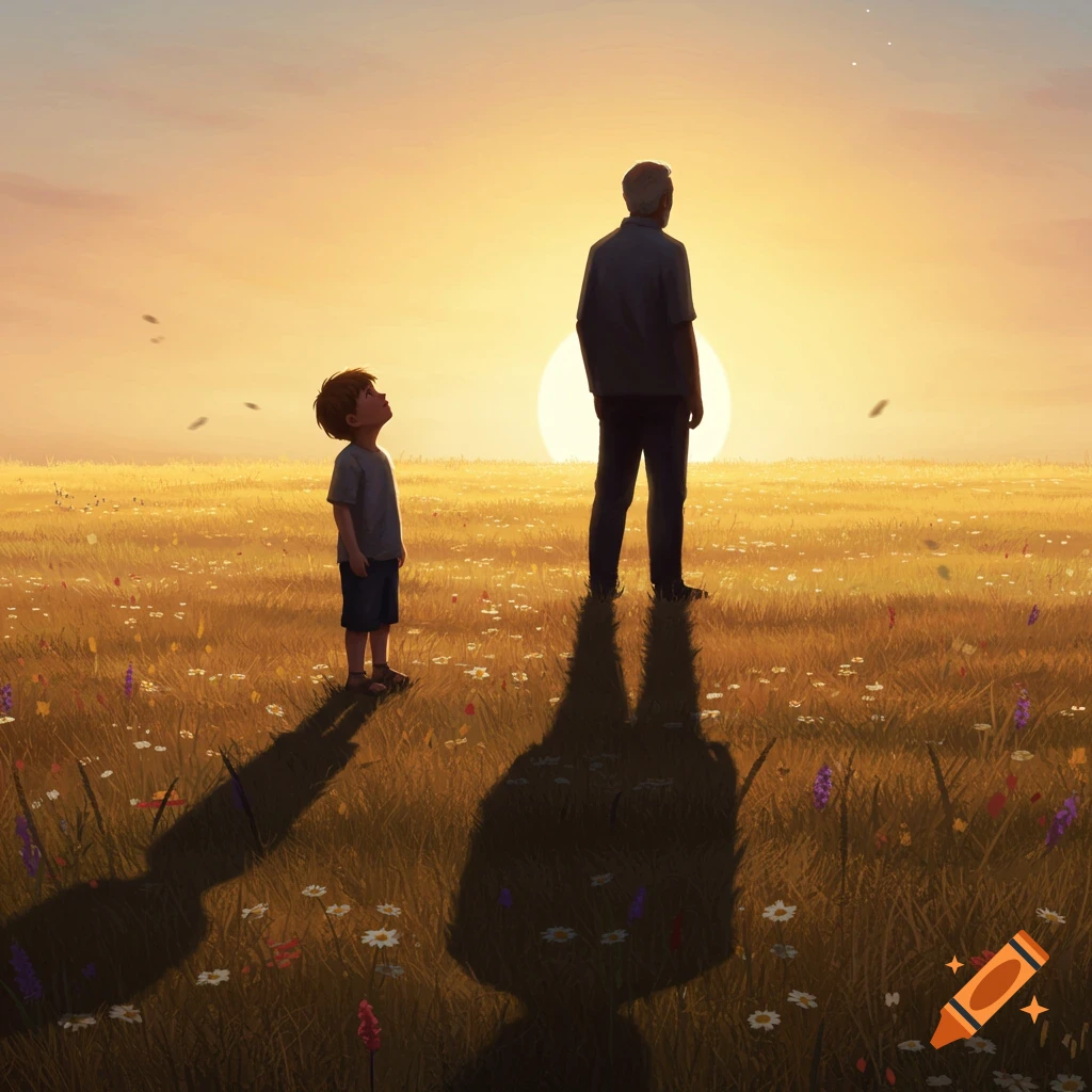 A boy looks up at an adult man in a sunlit field at sunset, with the boy's shadow appearing as an adult figure.