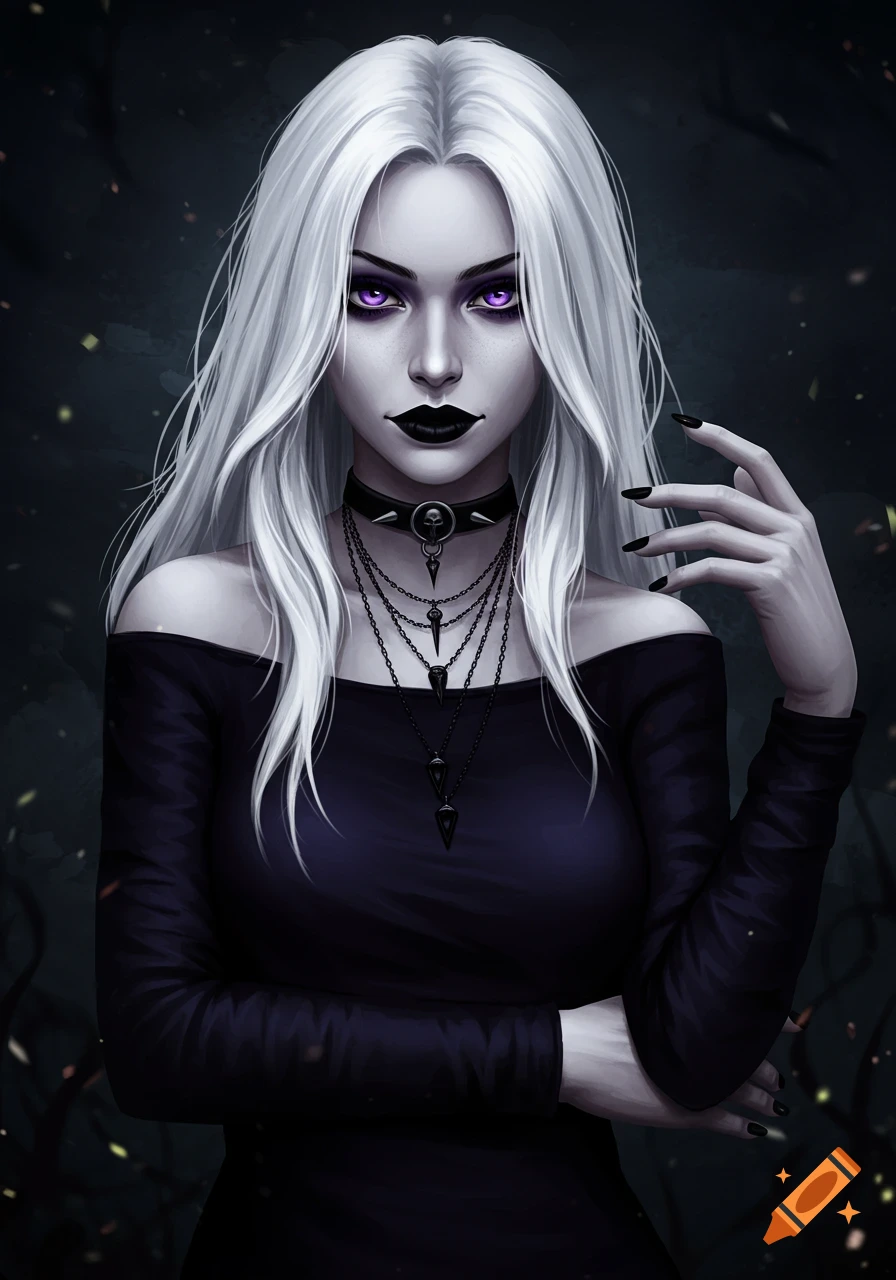 Pale gothic woman with long white hair, purple eyes, black lipstick, and a black off-shoulder top with necklaces.