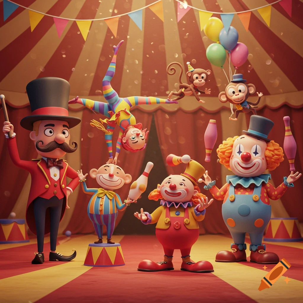 A group of colorful 3D cartoon circus characters, including a ringmaster, clowns, an acrobat, and monkeys, inside a striped circus tent.