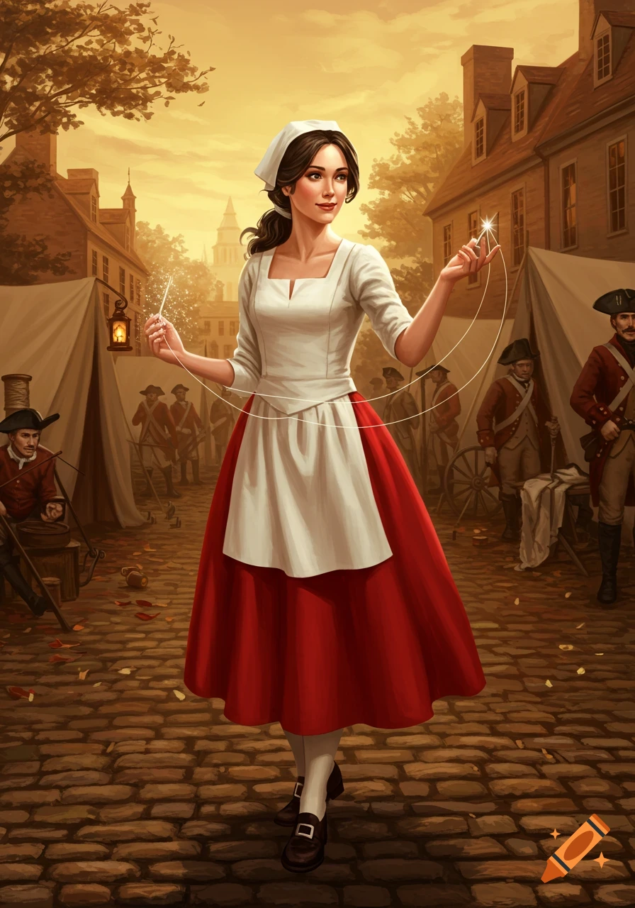A colonial woman in a white and red dress holds a glowing needle and thread in a busy town square with soldiers.