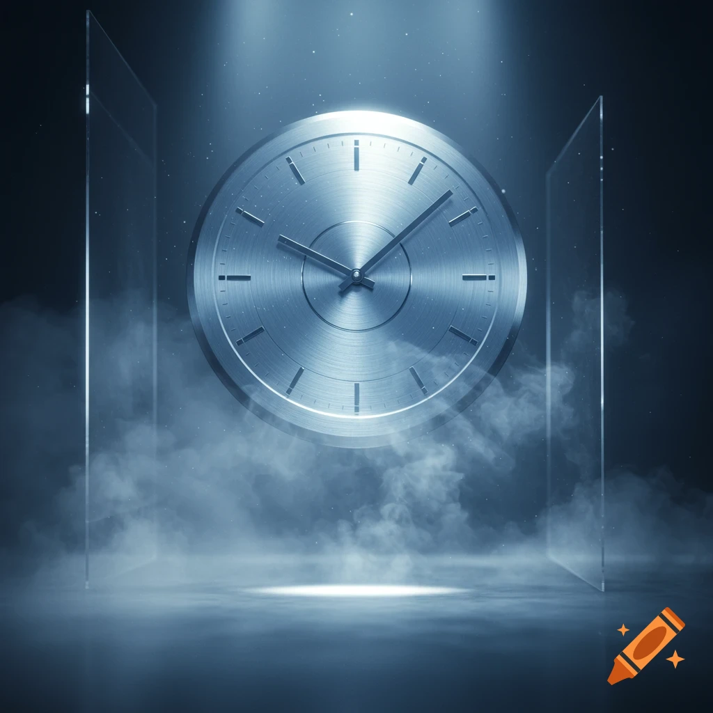 A minimalist silver clock with dark hands glows between two transparent panels, surrounded by mist and spotlights in a dark room.