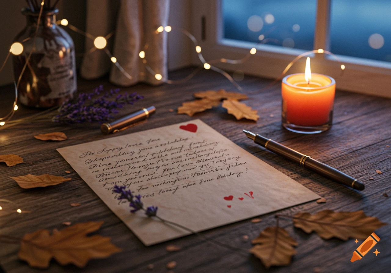 Romantic still life: handwritten letter, fountain pen, lit candle, string lights, and autumn leaves on a wooden table by a window.