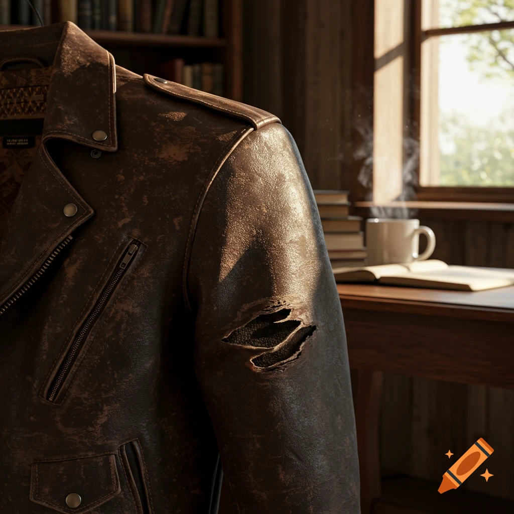 Photorealistic close-up of a distressed brown leather jacket with a tear, hanging in a cozy room with books and a steaming coffee mug by a window.