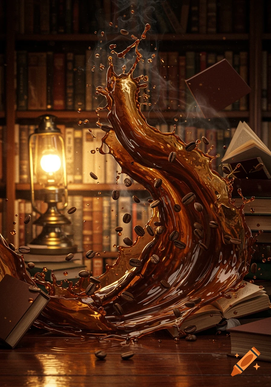 Dynamic splash of coffee and beans with books and a glowing lamp in a library, photorealistic style.
