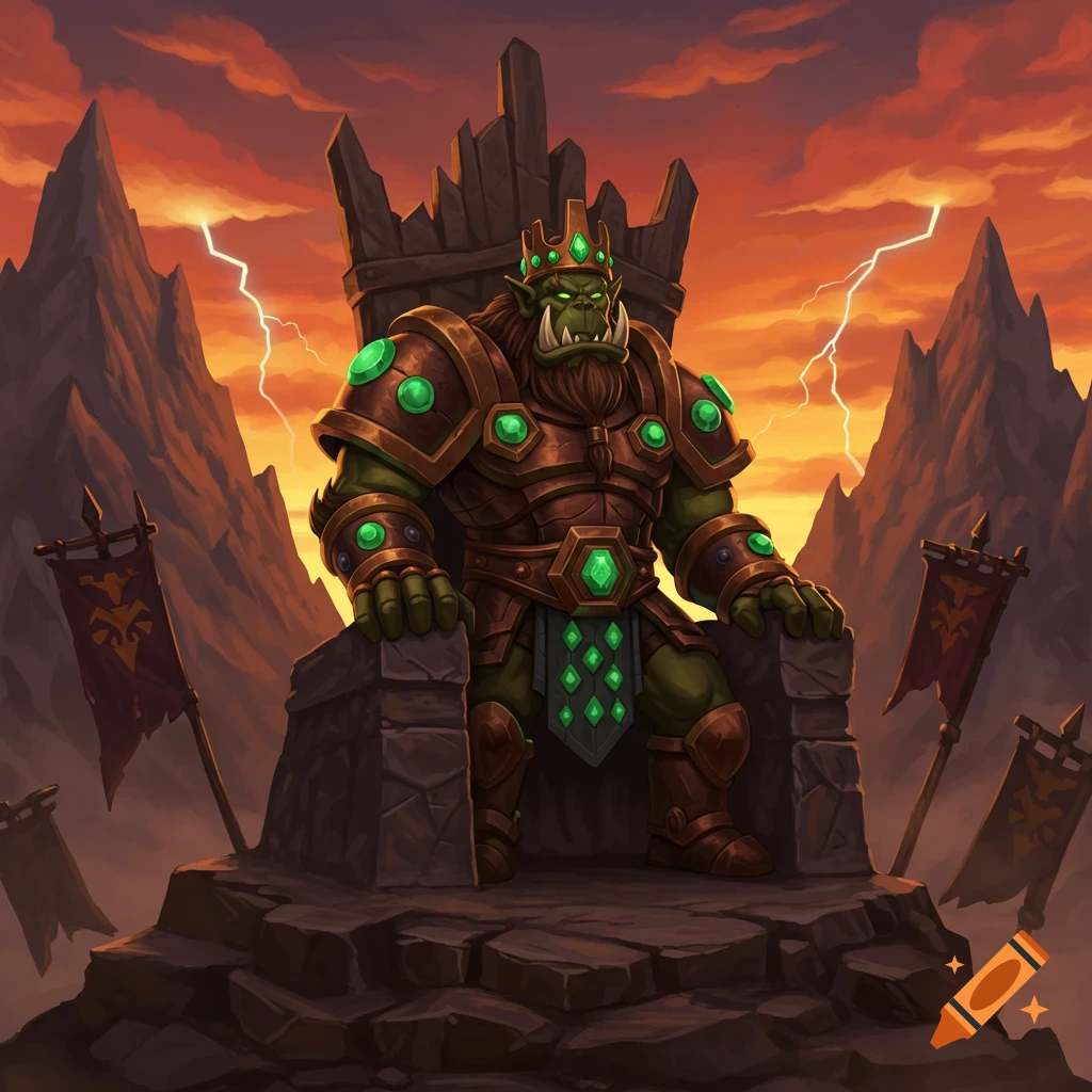 An orc king in armor with green gems sits on a stone throne, flanked by banners, under a dramatic orange sky with lightning.
