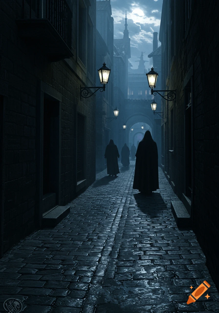Cloaked figures walk down a dark, misty medieval alley illuminated by moonlight and glowing lanterns.