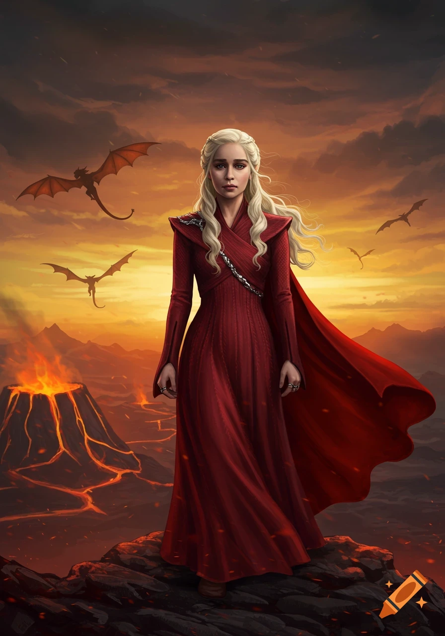Daenerys Targaryen in a red dress stands on a volcanic landscape with dragons flying under an orange sky, digital art.