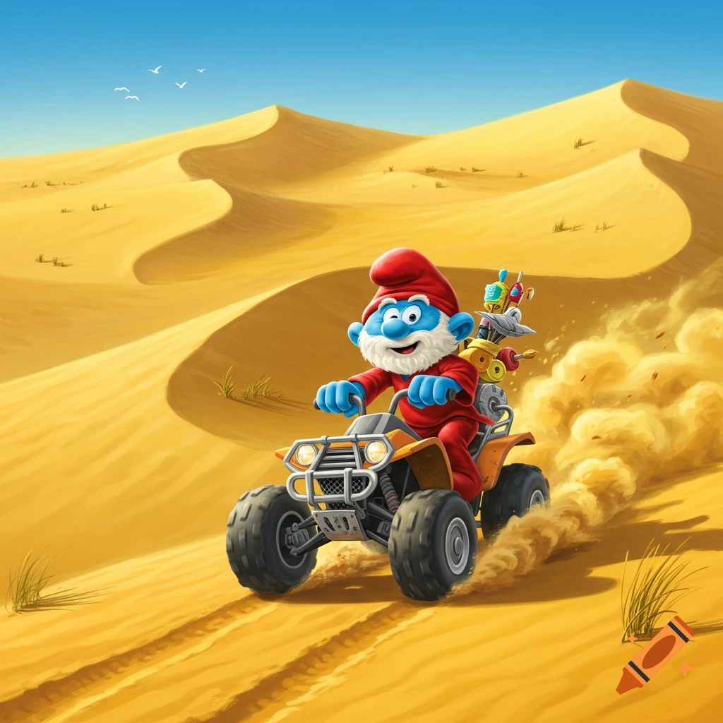 Papa Smurf in a red outfit riding a four-wheeler through sandy desert dunes under a blue sky, creating a dust trail.
