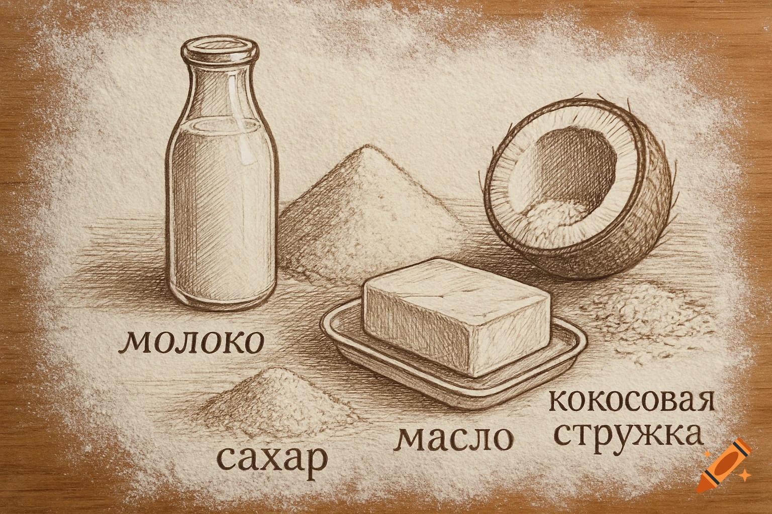 A top-down sketch of milk, sugar, butter, and coconut flakes on a flour-dusted wooden surface, with Russian labels.