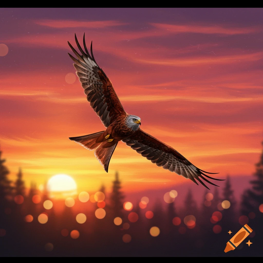 A red kite bird with brown and white feathers flies against a vibrant orange and purple sunset with blurred bokeh lights and silhouetted trees.