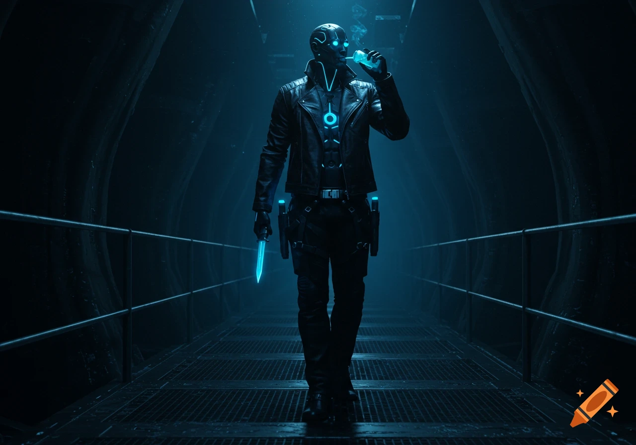 A futuristic cybernetic figure with glowing blue eyes, chest, and a glowing blue dagger walks through a dark, metallic corridor, drinking a glowing blue liquid.