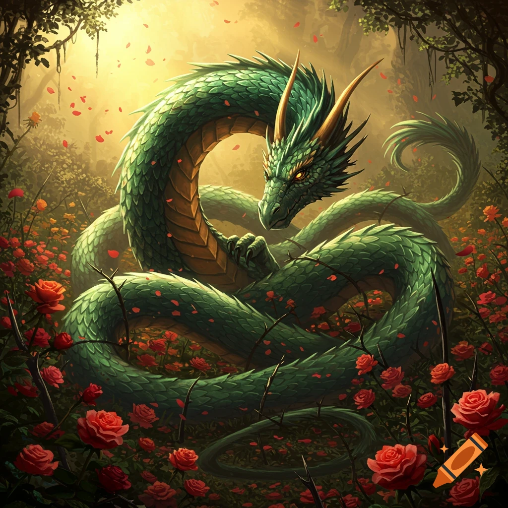 A majestic green dragon with golden horns curled up in a magical forest filled with vibrant red roses and scattered petals, bathed in golden sunlight.