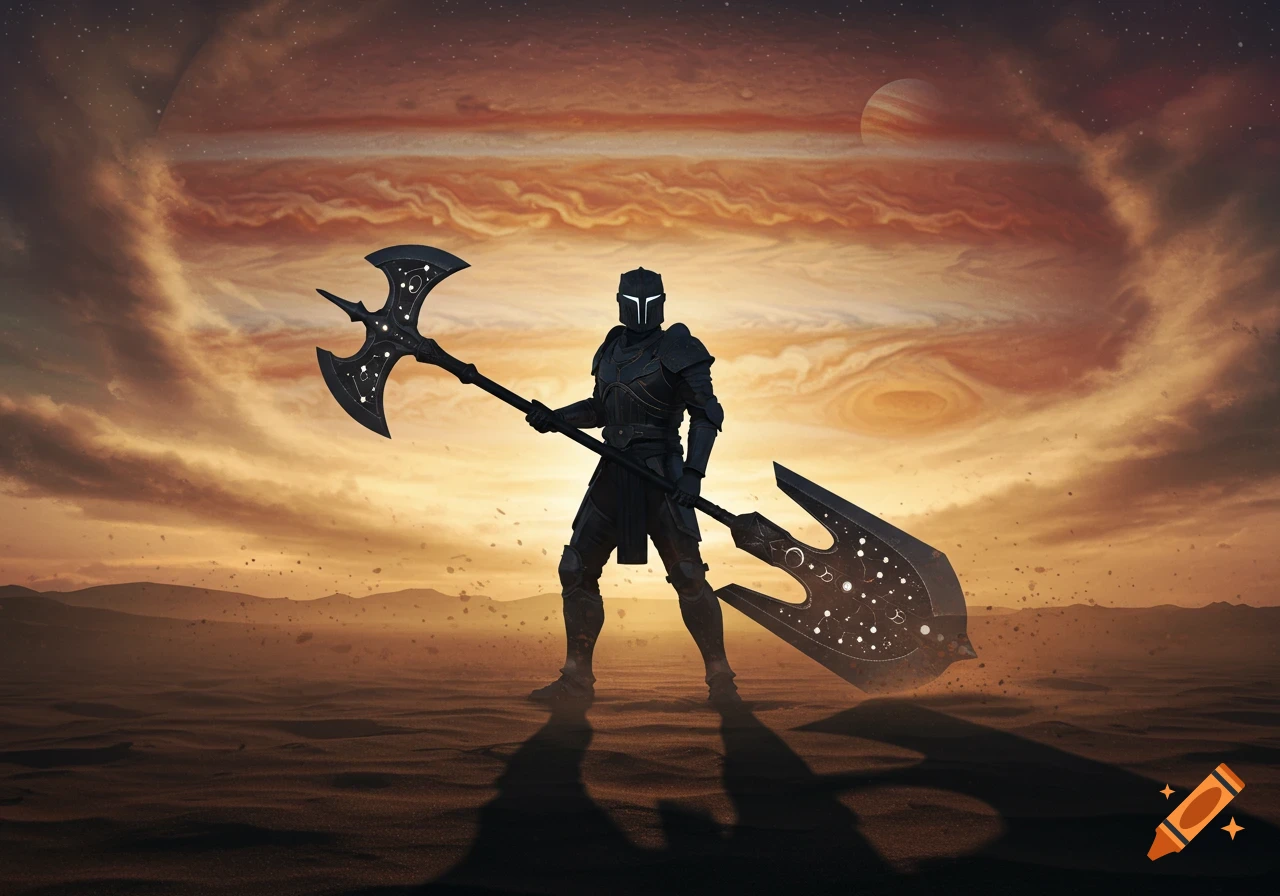 An armored figure holding a cosmic battleaxe stands in a desert with Jupiter and swirling clouds in the sunset sky.