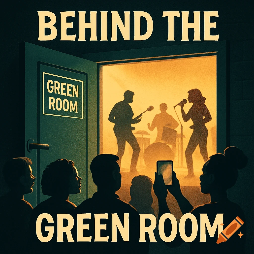 Stylized illustration of a band performing behind an open green room door as fans peer in, with 'Behind The Green Room' text.