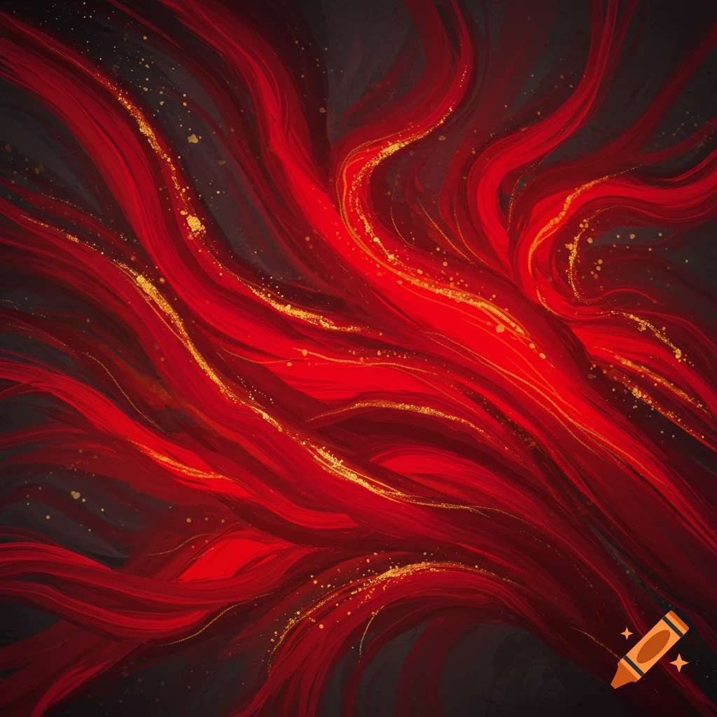 Abstract red and crimson streaks with sparkling gold flecks on a dark background.
