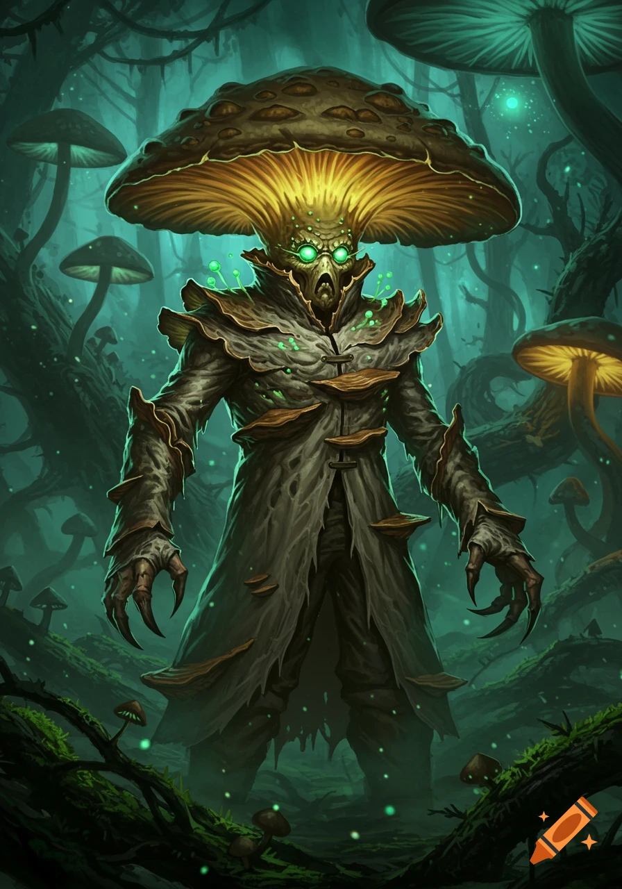 A dark fantasy illustration of a mushroom humanoid (myconid) with a large cap, glowing green eyes, and clawed hands, standing in a bioluminescent forest.