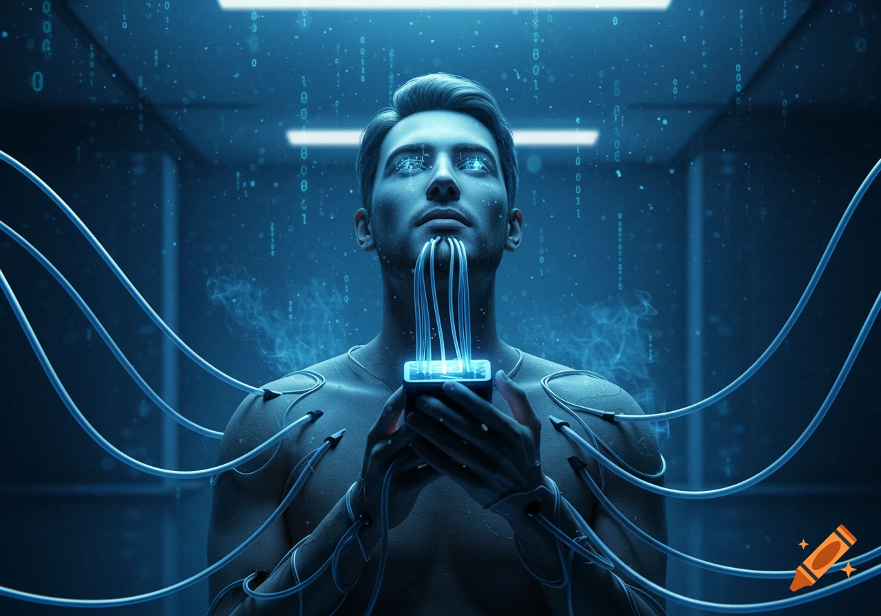 A man plugged into a glowing device, surrounded by blue cables and binary code in a dark, futuristic setting.