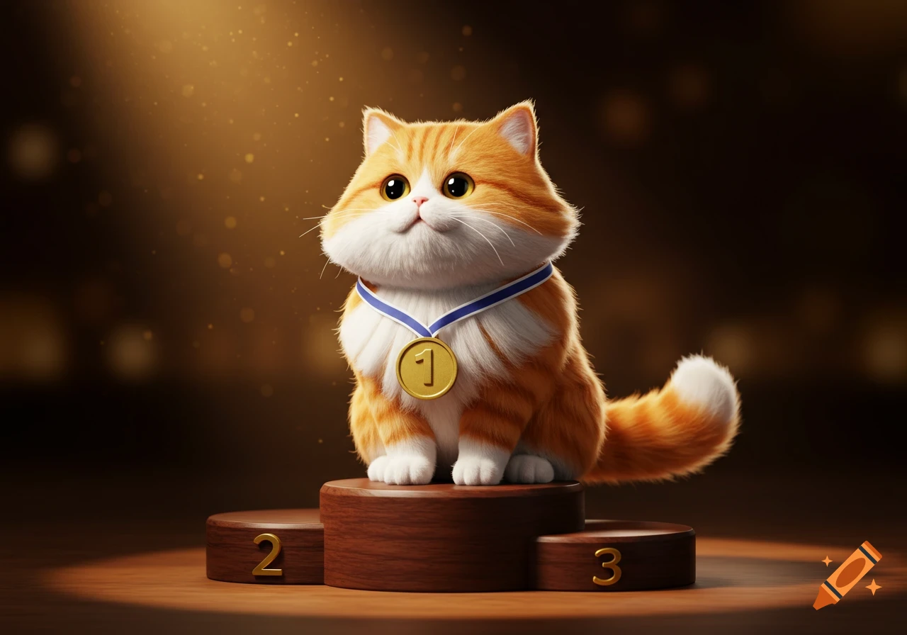 A cute, fluffy orange and white cat wearing a gold medal stands on the top step of a winner's podium, 3D render.