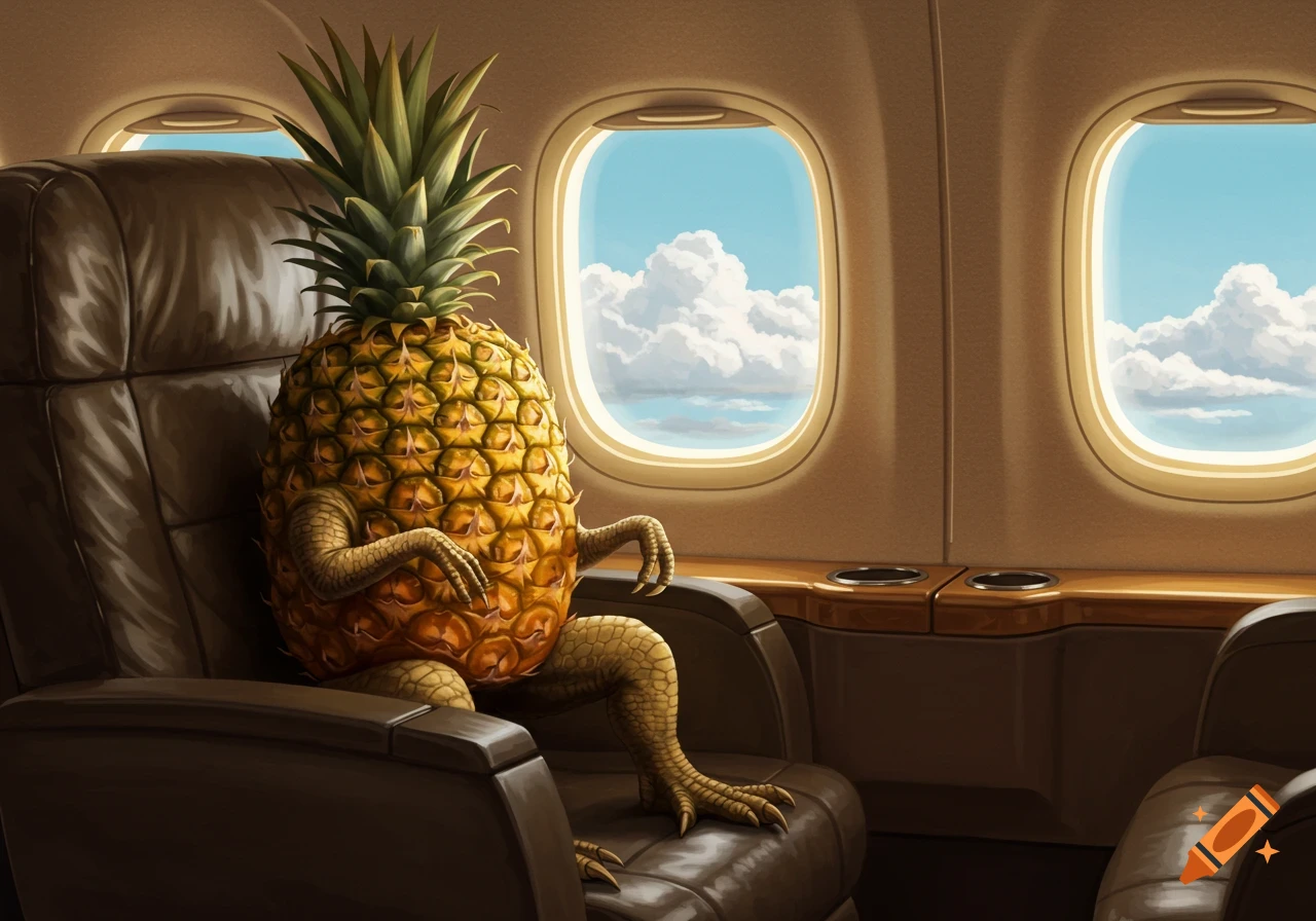 A pineapple with dinosaur arms and legs sits comfortably in a brown leather airplane seat, looking out the window at white clouds against a blue sky.