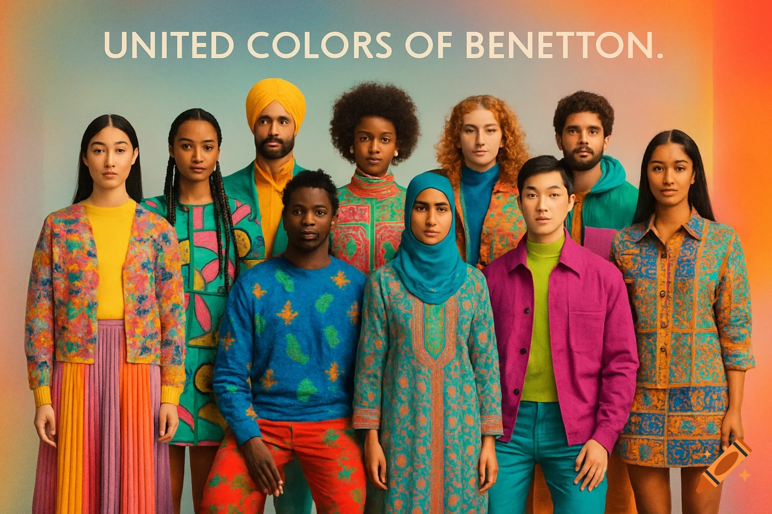 Nine diverse young adults, standing in two rows, wear vibrantly patterned and colorful outfits reminiscent of a Benetton advertisement. "UNITED COLORS OF BENETTON" text is at the top.
