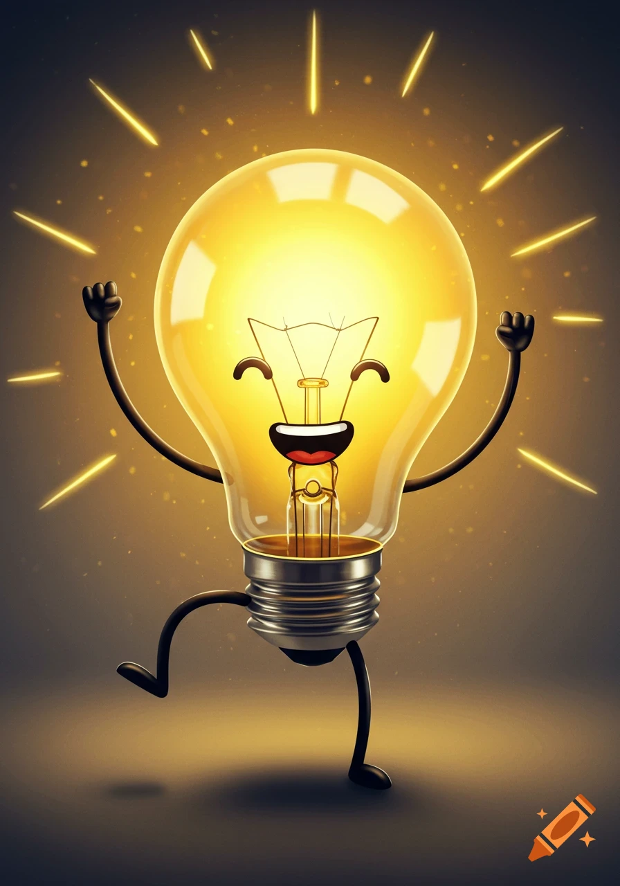 A cheerful, glowing yellow light bulb cartoon character with a happy face, arms raised in excitement, and legs in a dynamic pose on a dark background.