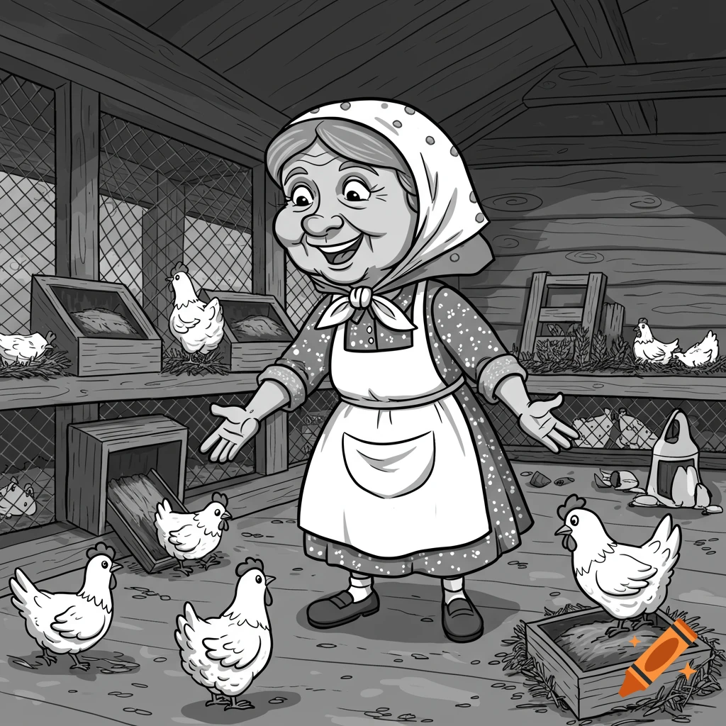 A monochrome vector art caricature shows a smiling grandmother in a chicken coop surrounded by chickens.