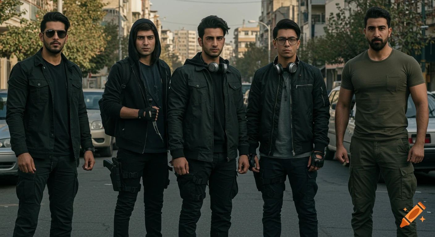 Five men in diverse urban tactical outfits stand on a city street, resembling a film crew in modern Tehran.