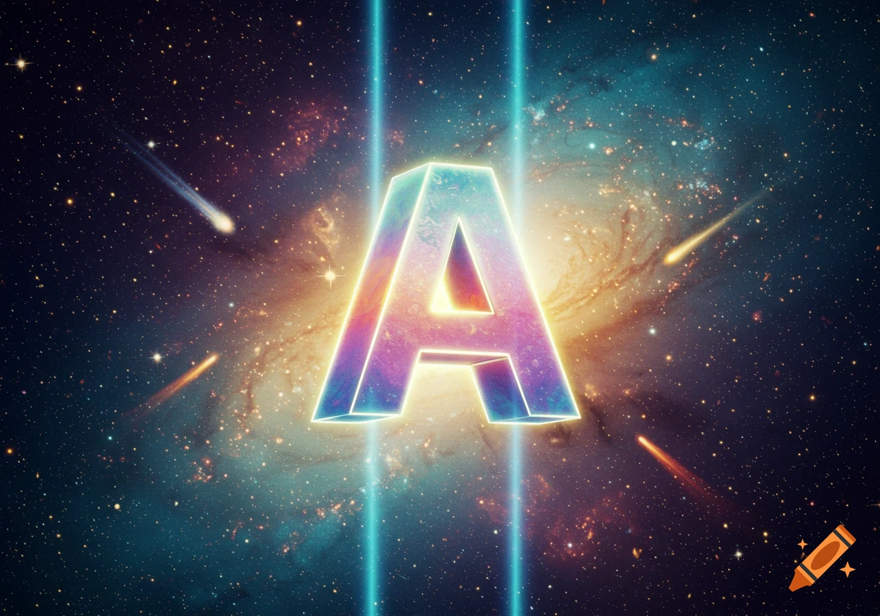 A glowing, iridescent 3D letter A floats in a deep space galaxy with shooting stars and ethereal light beams.