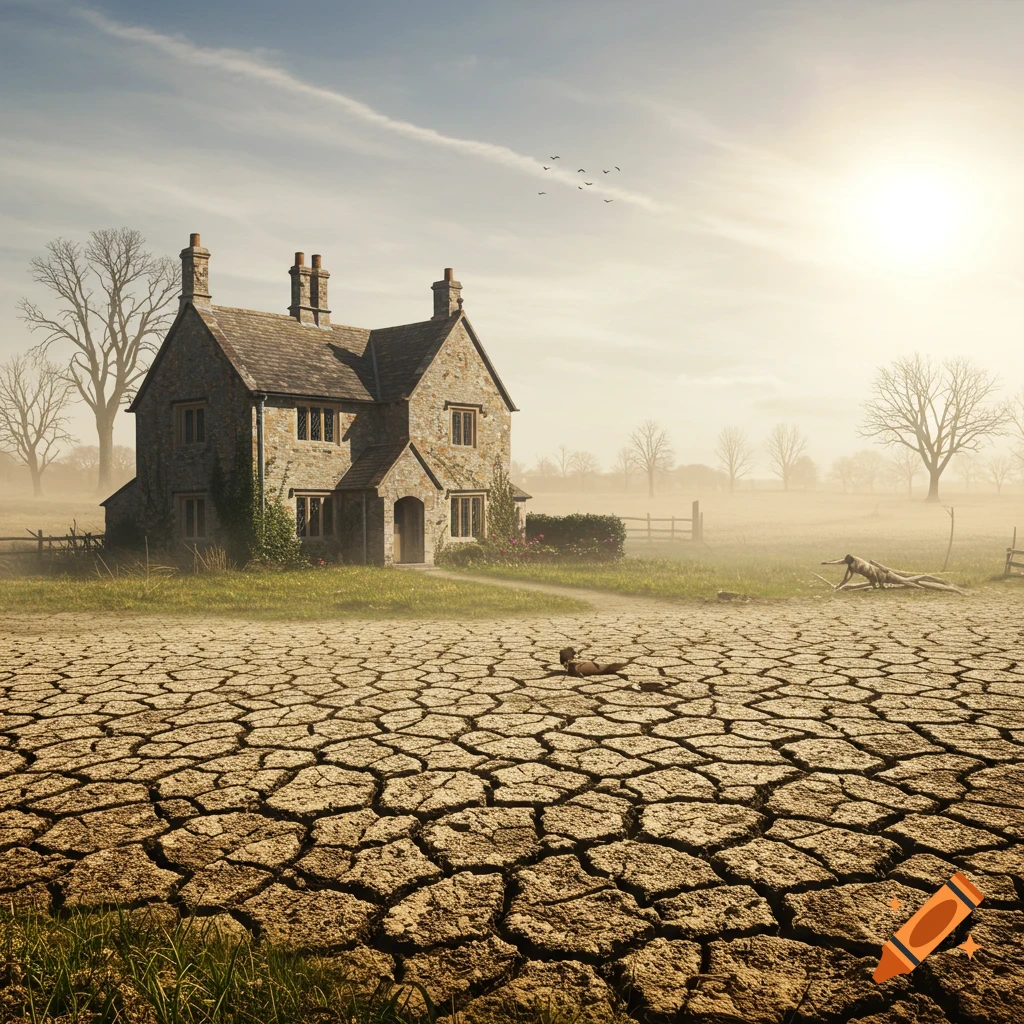An old stone house stands amidst severely cracked, dry earth and bare trees under a hazy sky, depicting a severe drought.
