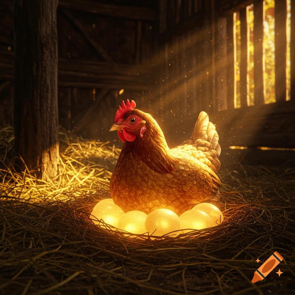 A realistic hen sits on a nest of glowing golden eggs in a sunlit barn.