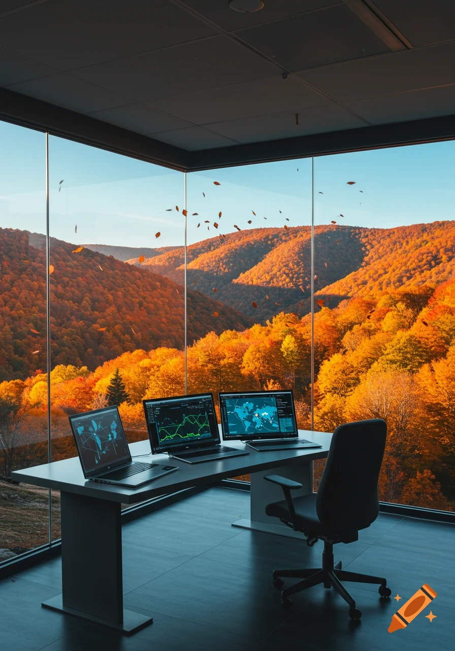 A modern office room with three laptops on a desk overlooks a vibrant autumn mountain landscape through transparent walls, with leaves falling outside.