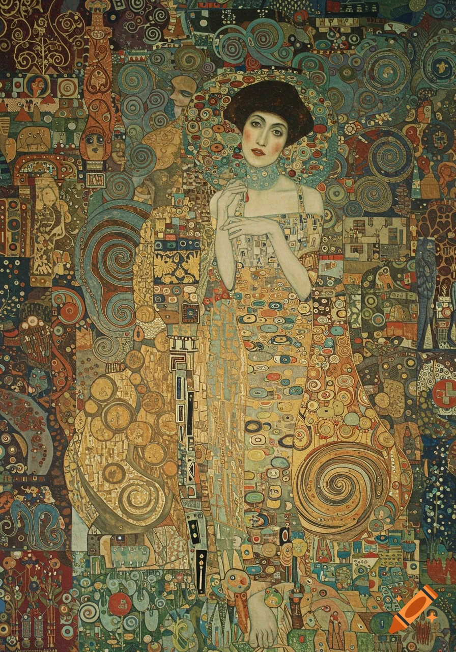 An Art Nouveau painting of a woman in a decorative gown, surrounded by intricate gold, blue, and green patterns.